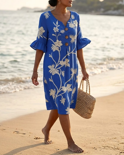 Women's Bell Sleeve Floral Embroidered Midi Dress