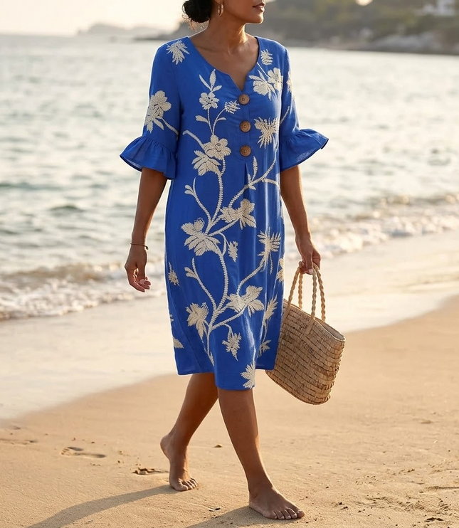 Women's Bell Sleeve Floral Embroidered Midi Dress