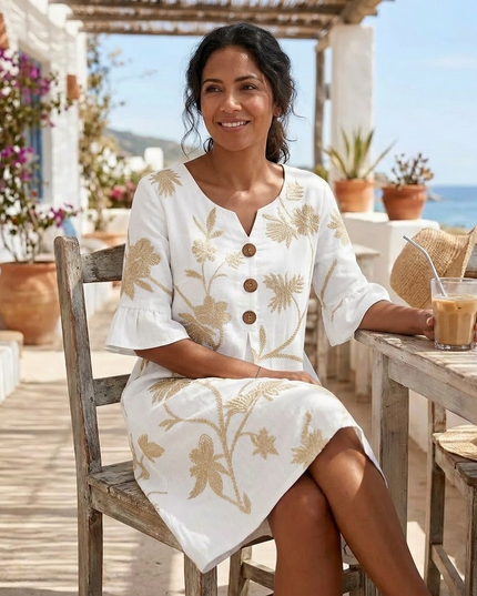 Women's Bell Sleeve Floral Embroidered Midi Dress