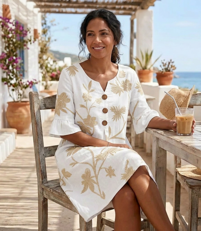 Women's Bell Sleeve Floral Embroidered Midi Dress