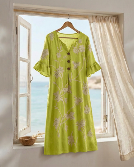 Women's Bell Sleeve Floral Embroidered Midi Dress