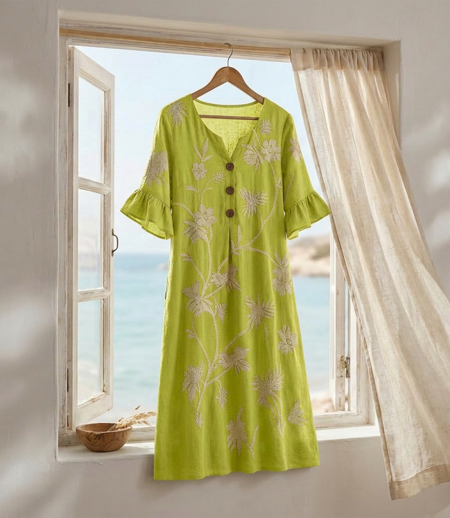 Women's Bell Sleeve Floral Embroidered Midi Dress