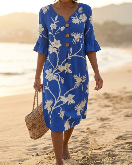 Women's Bell Sleeve Floral Embroidered Midi Dress