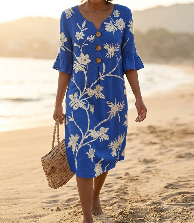 Women's Bell Sleeve Floral Embroidered Midi Dress