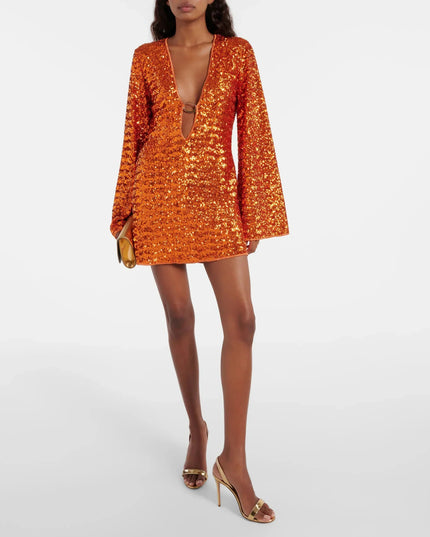 Women's Bell Sleeve Sequin Dress with a Plunging Neckline