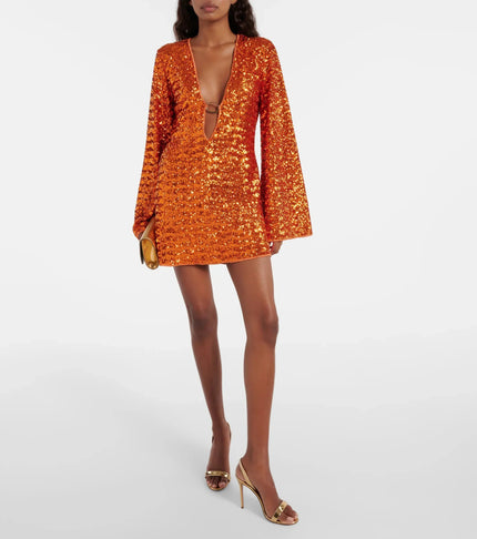 Women's Bell Sleeve Sequin Dress with a Plunging Neckline
