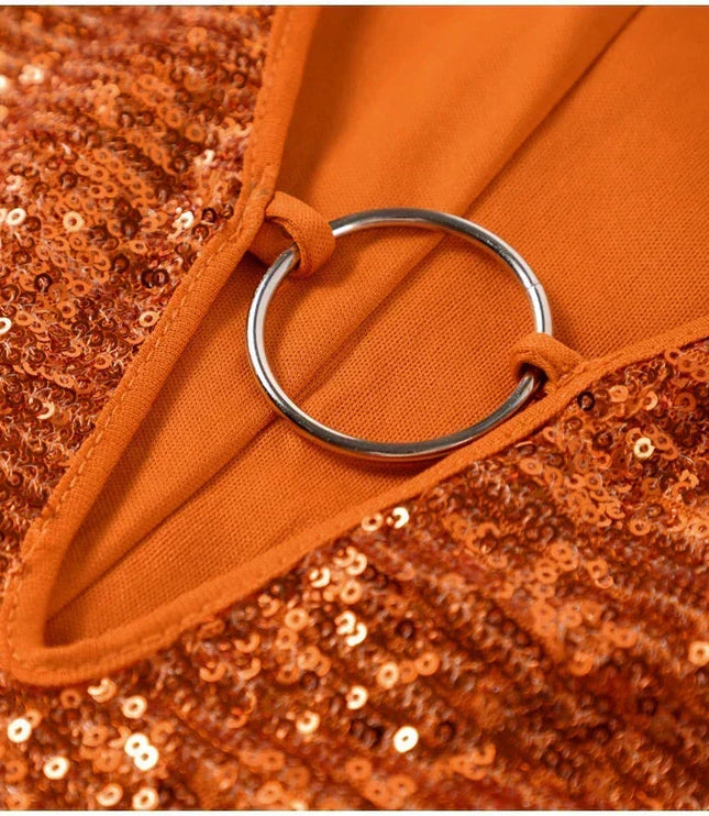 Women's Bell Sleeve Sequin Dress with a Plunging Neckline