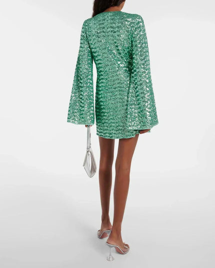 Women's Bell Sleeve Sequin Dress with a Plunging Neckline