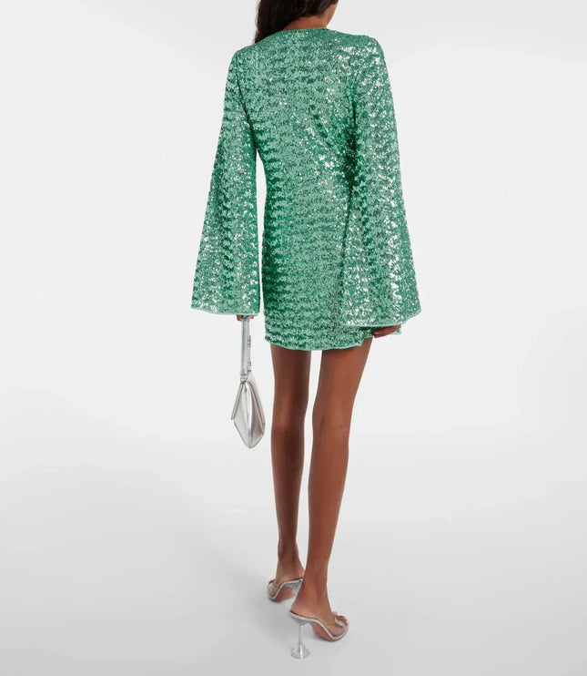 Women's Bell Sleeve Sequin Dress with a Plunging Neckline