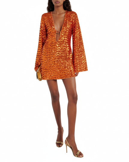 Women's Bell Sleeve Sequin Dress with a Plunging Neckline