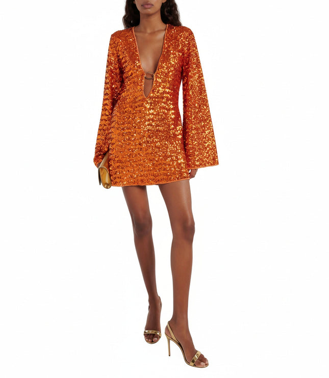 Women's Bell Sleeve Sequin Dress with a Plunging Neckline