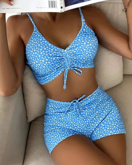 Women's Bikini Set with Ruched Shorts and a Tie-Front Top