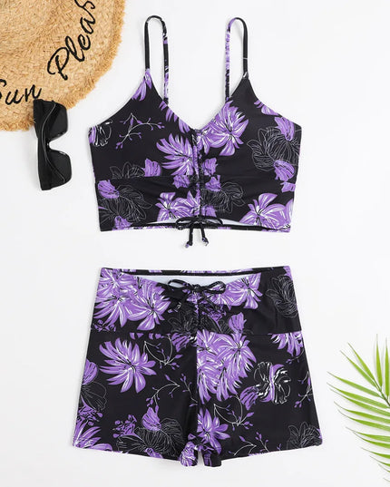 Women's Bikini Set with Ruched Shorts and a Tie-Front Top