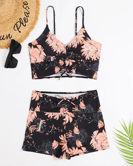 Women's Bikini Set with Ruched Shorts and a Tie-Front Top