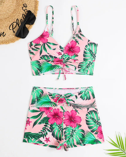 Women's Bikini Set with Ruched Shorts and a Tie-Front Top