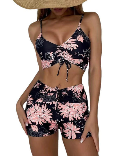 Women's Bikini Set with Ruched Shorts and a Tie-Front Top