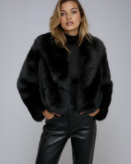 Women's Black Faux Fur Oversized Cropped Jacket