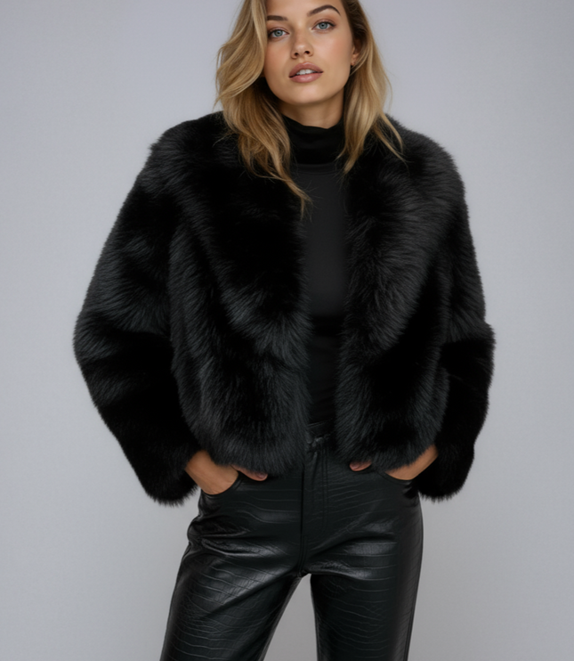 Women's Black Faux Fur Oversized Cropped Jacket