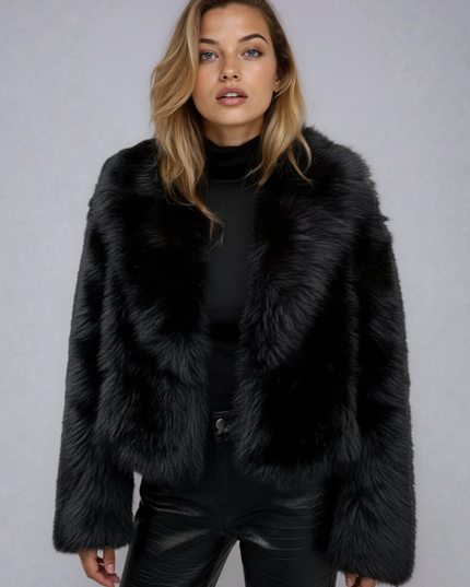 Women's Black Faux Fur Oversized Cropped Jacket