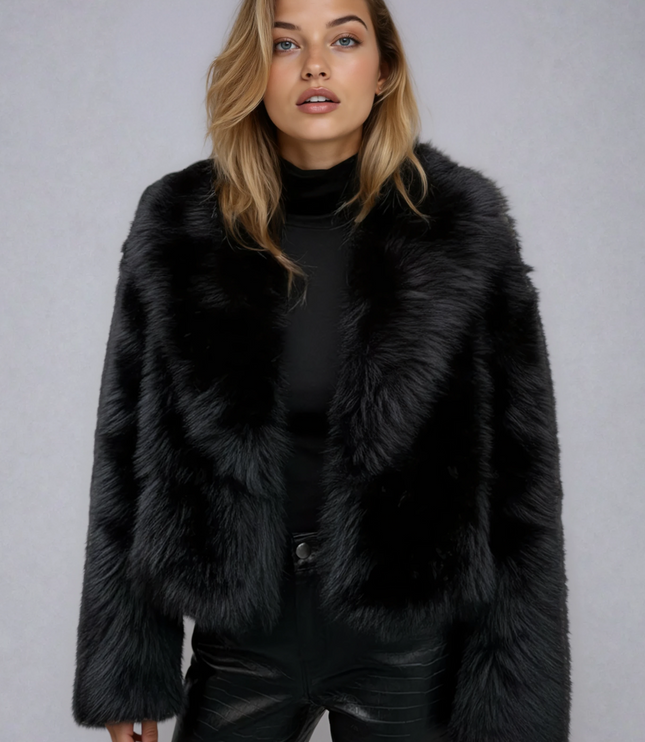 Women's Black Faux Fur Oversized Cropped Jacket