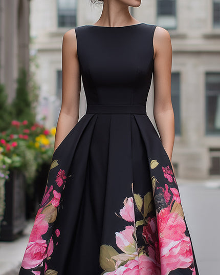Women's Black Floral A-Line Sleeveless Midi Cocktail Dress