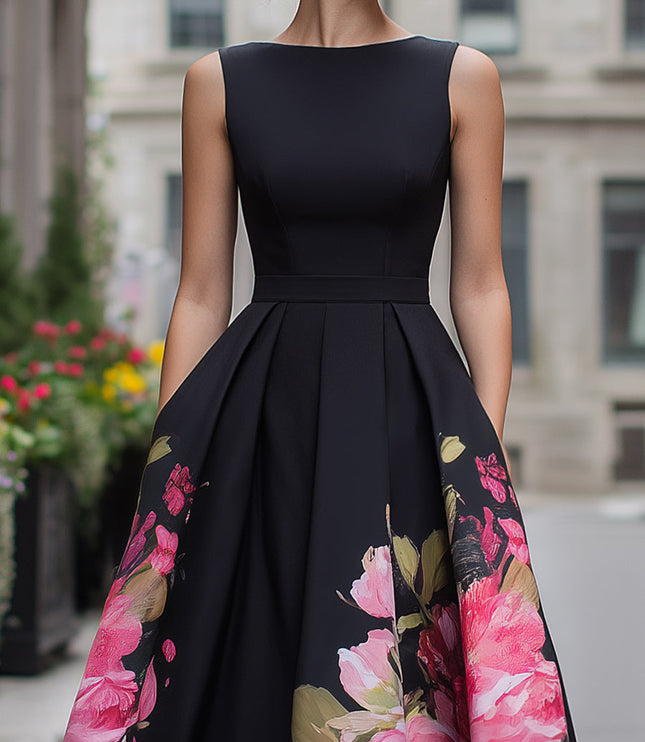 Women's Black Floral A-Line Sleeveless Midi Cocktail Dress