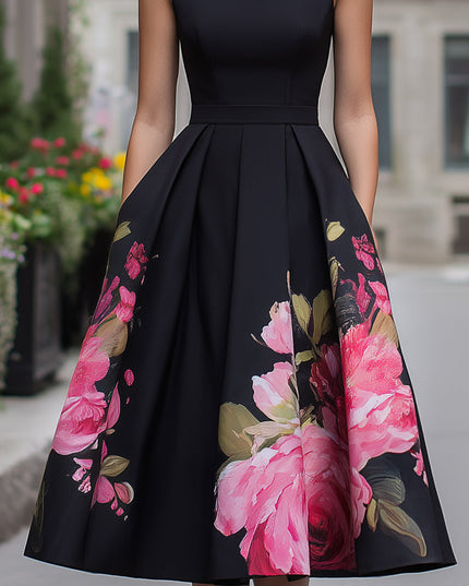 Women's Black Floral A-Line Sleeveless Midi Cocktail Dress