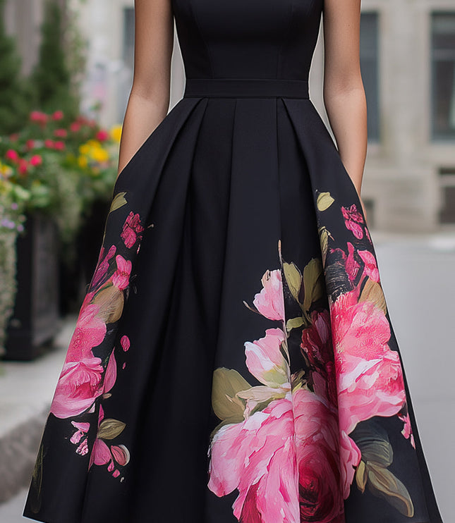 Women's Black Floral A-Line Sleeveless Midi Cocktail Dress