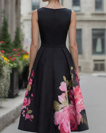 Women's Black Floral A-Line Sleeveless Midi Cocktail Dress
