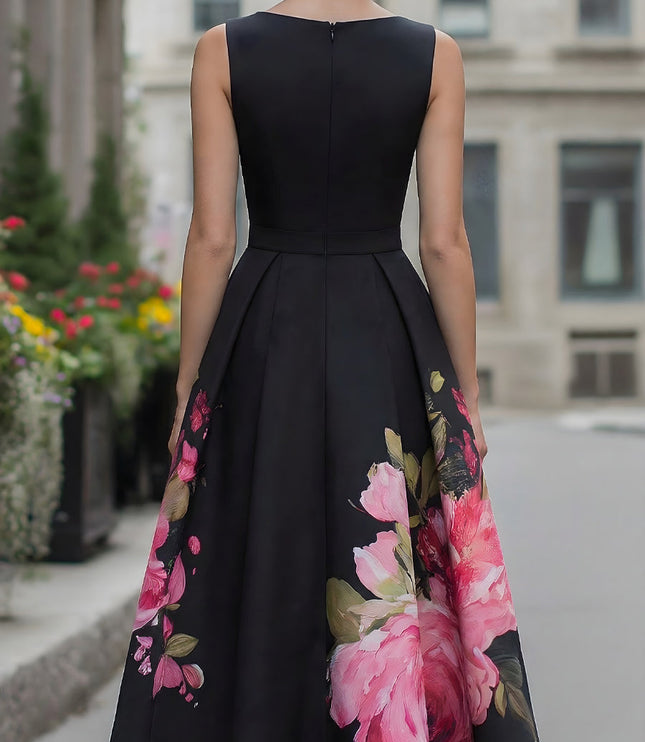 Women's Black Floral A-Line Sleeveless Midi Cocktail Dress