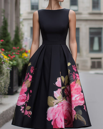 Women's Black Floral A-Line Sleeveless Midi Cocktail Dress