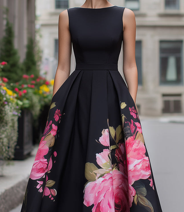 Women's Black Floral A-Line Sleeveless Midi Cocktail Dress