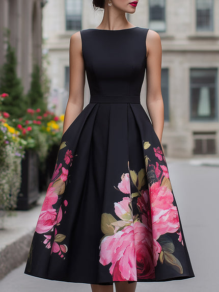Women's Black Floral A-Line Sleeveless Midi Cocktail Dress