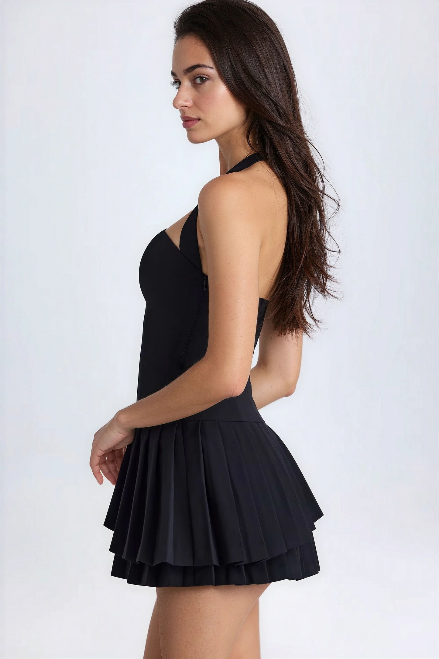 Women's Black Halter Neck Pleated Cocktail Summer Mini Dress