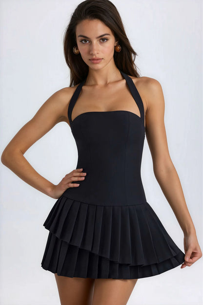 Women's Black Halter Neck Pleated Cocktail Summer Mini Dress
