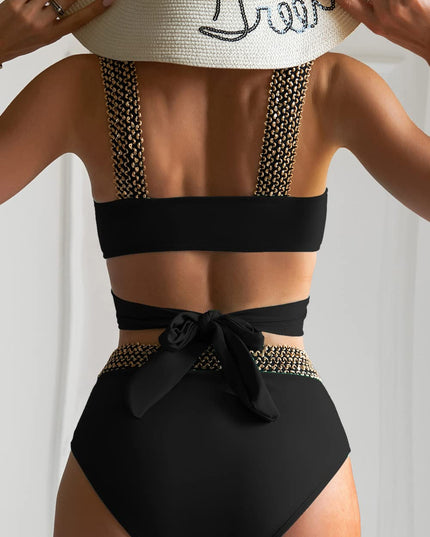 Women's Black High-Waist Bikini with Gold Chain Straps
