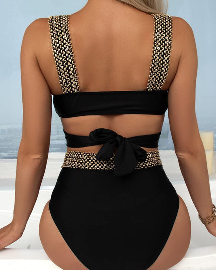 Women's Black High-Waist Bikini with Gold Chain Straps