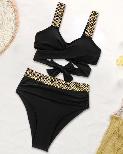 Women's Black High-Waist Bikini with Gold Chain Straps