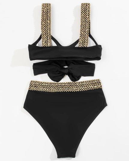 Women's Black High-Waist Bikini with Gold Chain Straps