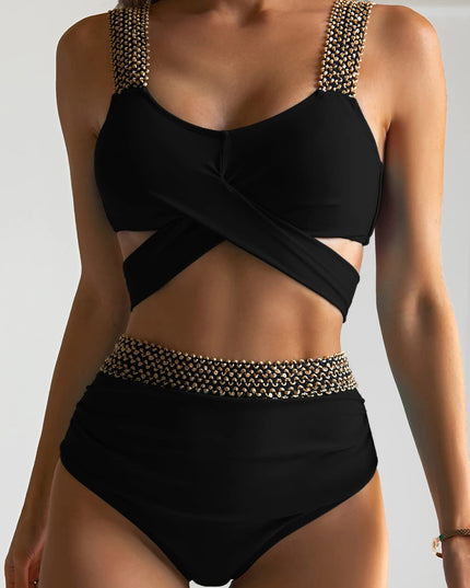 Women's Black High-Waist Bikini with Gold Chain Straps