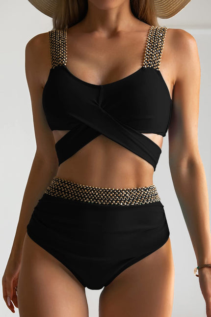 Women's Black High-Waist Bikini with Gold Chain Straps