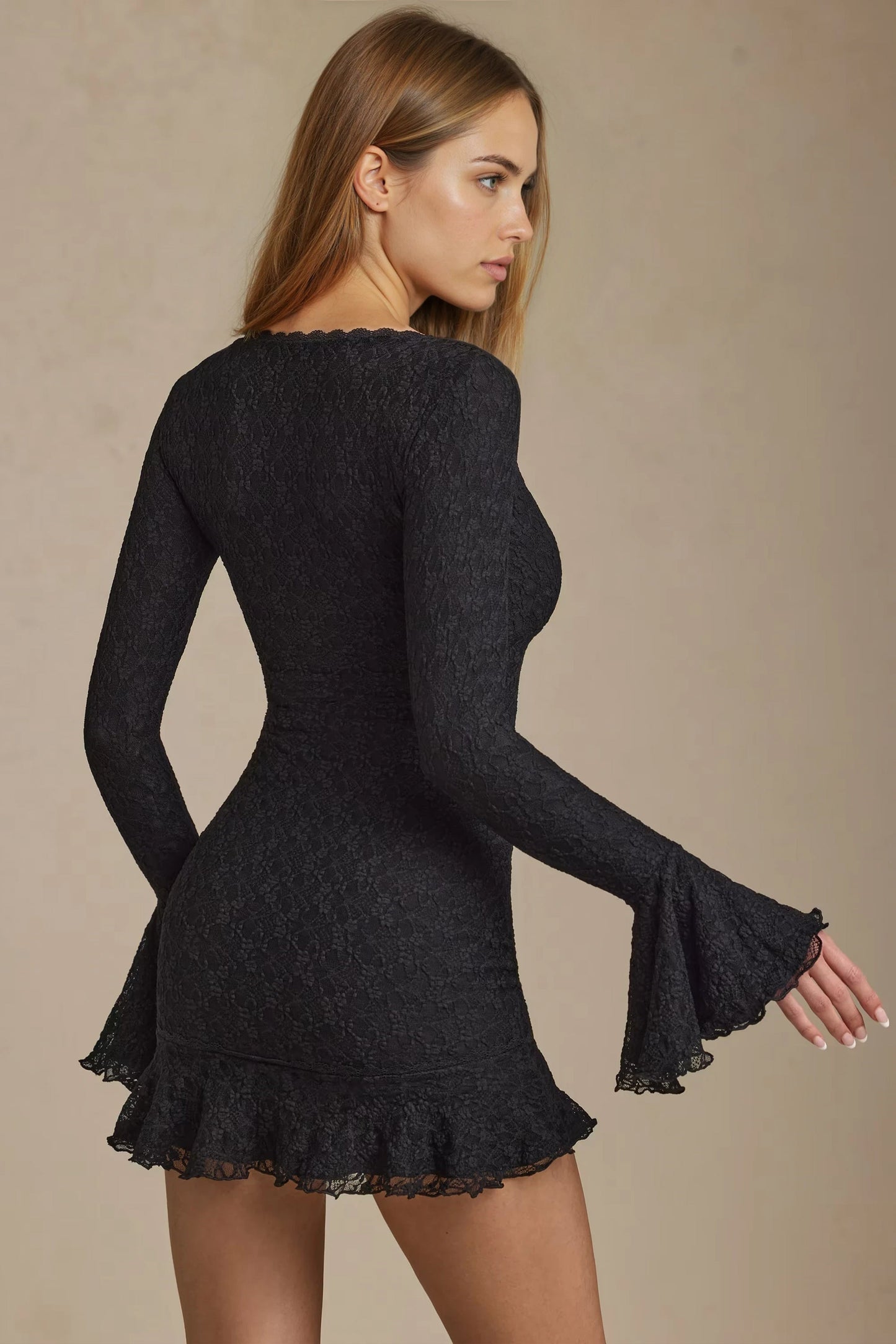 Women's Black Lace Long Sleeve Bodycon Homecoming Mini Dress