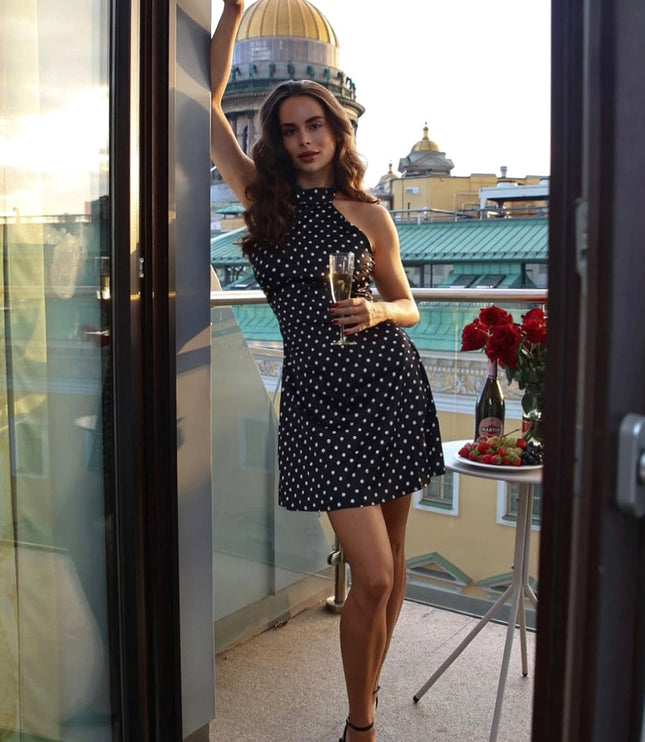 Women's Black Polka Dot Halter Neck Wedding Guest Mini Dress