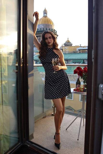 Women's Black Polka Dot Halter Neck Wedding Guest Mini Dress