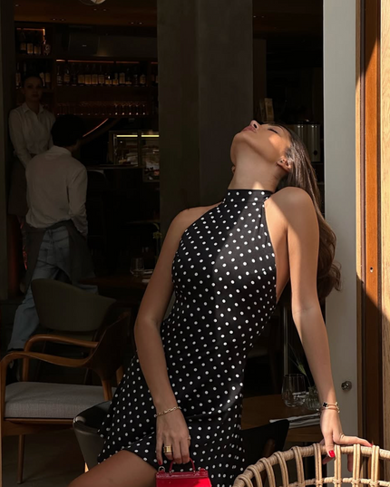 Women's Black Polka Dot Halter Neck Wedding Guest Mini Dress