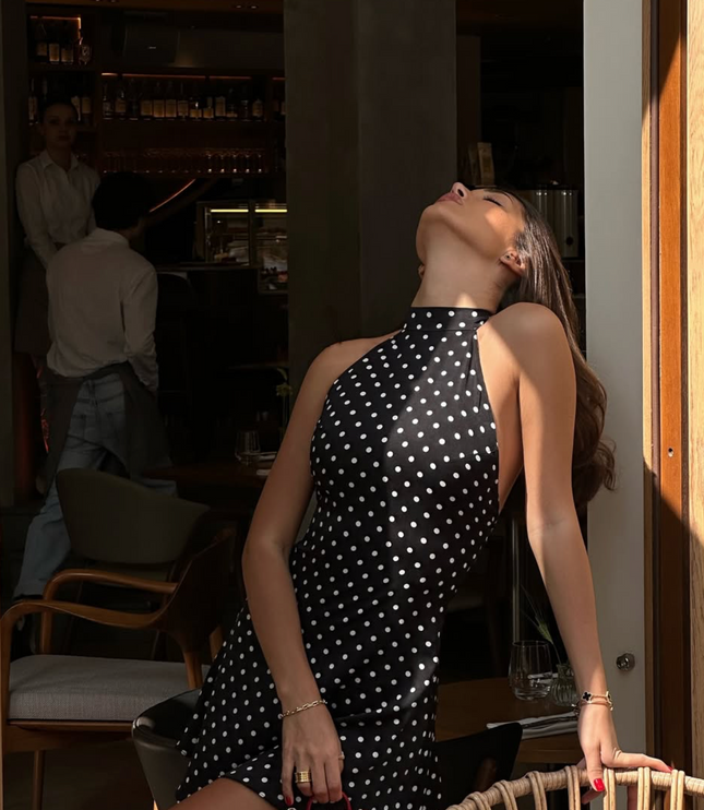Women's Black Polka Dot Halter Neck Wedding Guest Mini Dress
