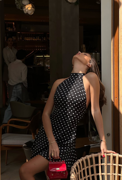 Women's Black Polka Dot Halter Neck Wedding Guest Mini Dress