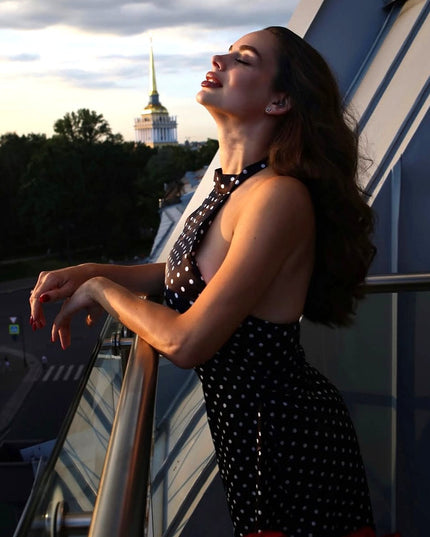 Women's Black Polka Dot Halter Neck Wedding Guest Mini Dress