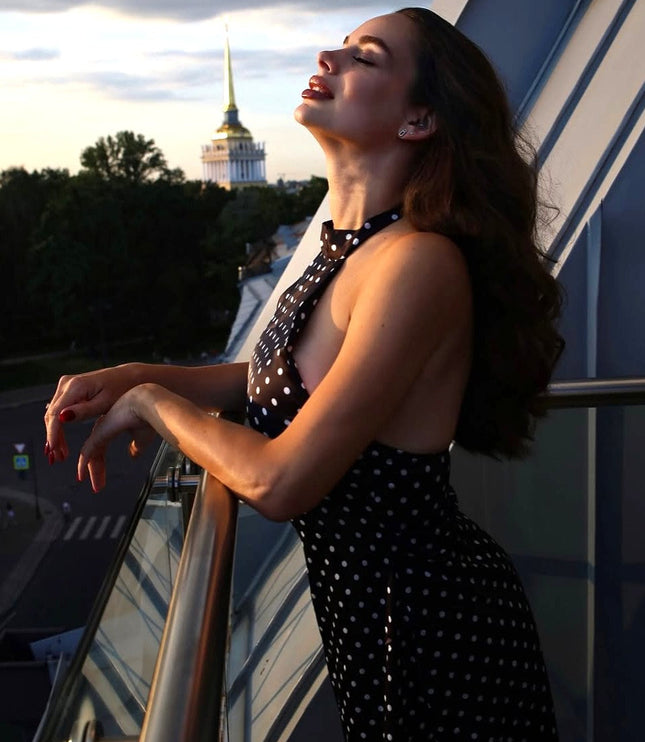 Women's Black Polka Dot Halter Neck Wedding Guest Mini Dress