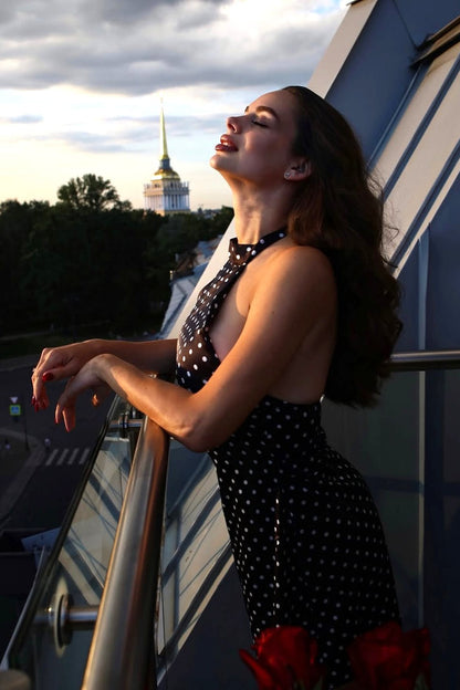 Women's Black Polka Dot Halter Neck Wedding Guest Mini Dress